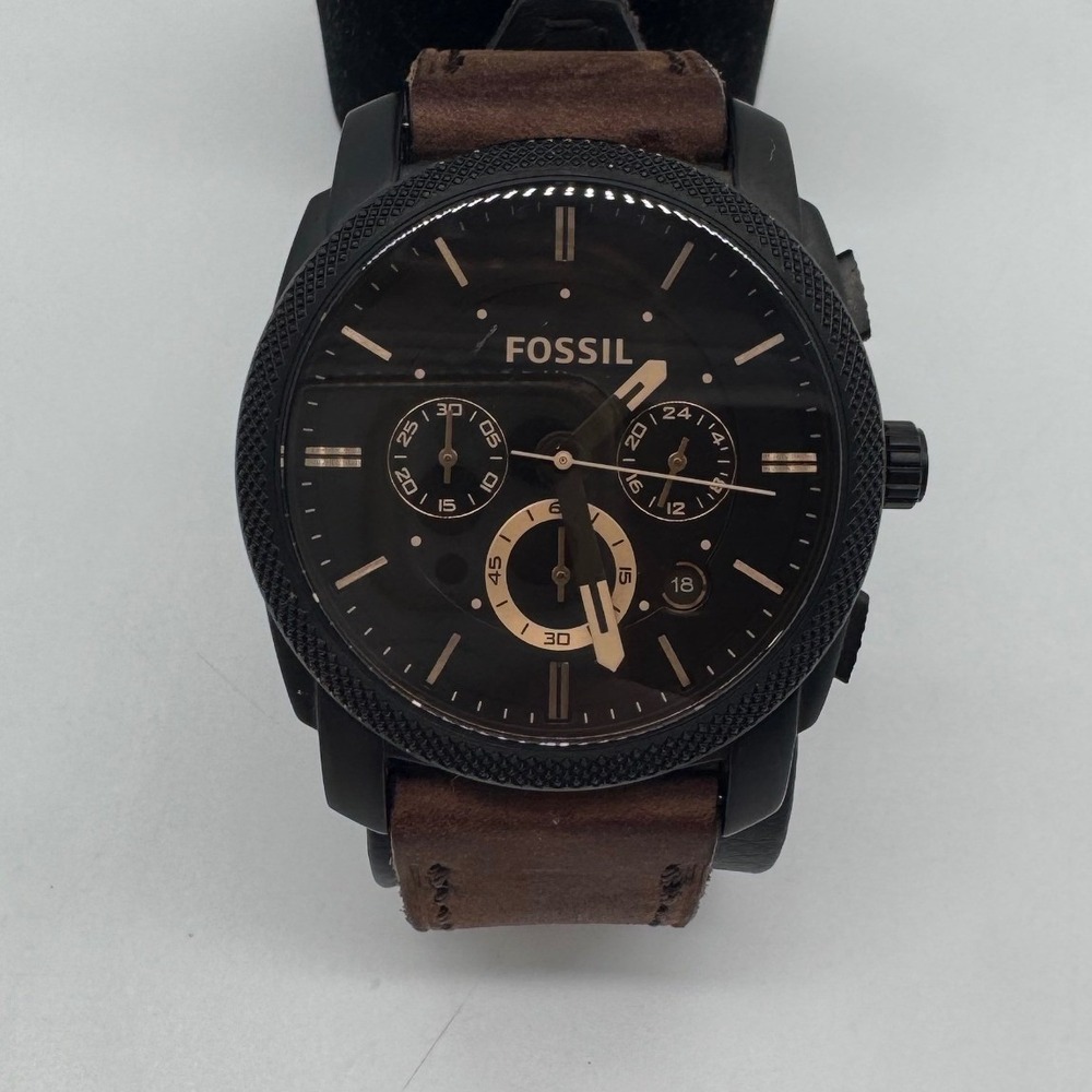 Fossil Machine Chronograph Black Dial Brown Leather Watch FS4656 fresh battery